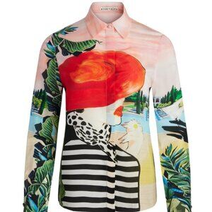 NWOT Alice + Olivia Willa Silk Blouse Shirt Palm Beach Pink Buttons Blue Top XS